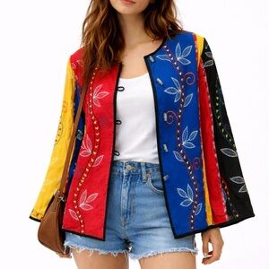 Indigo Moon Embroidered Floral Colorful Patchwork Boho Jacket Folk Art Style